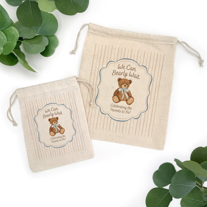 We Can Bearly Wait, Watercolor Bear, Baby Shower Drawstring Bags