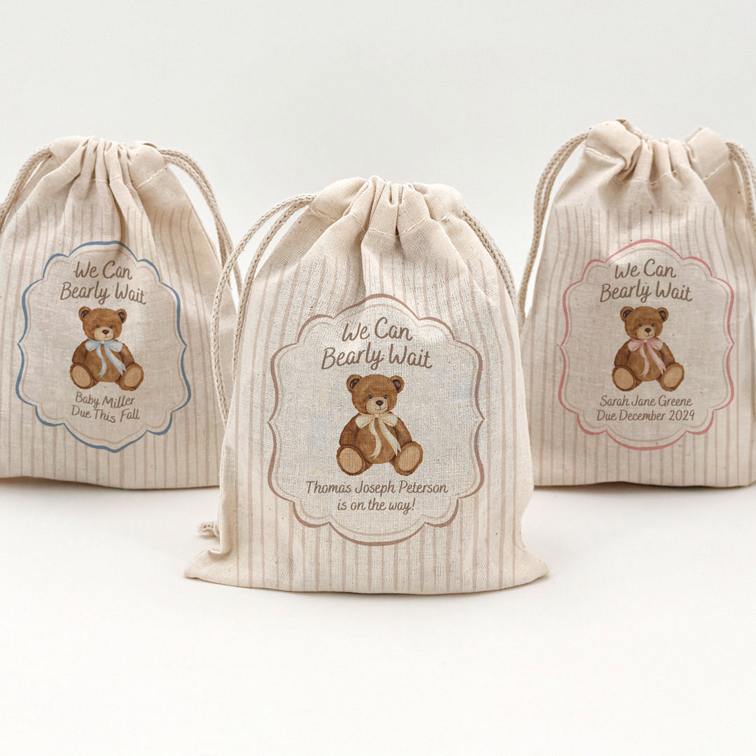 We Can Bearly Wait, Watercolor Bear, Baby Shower Drawstring Bags