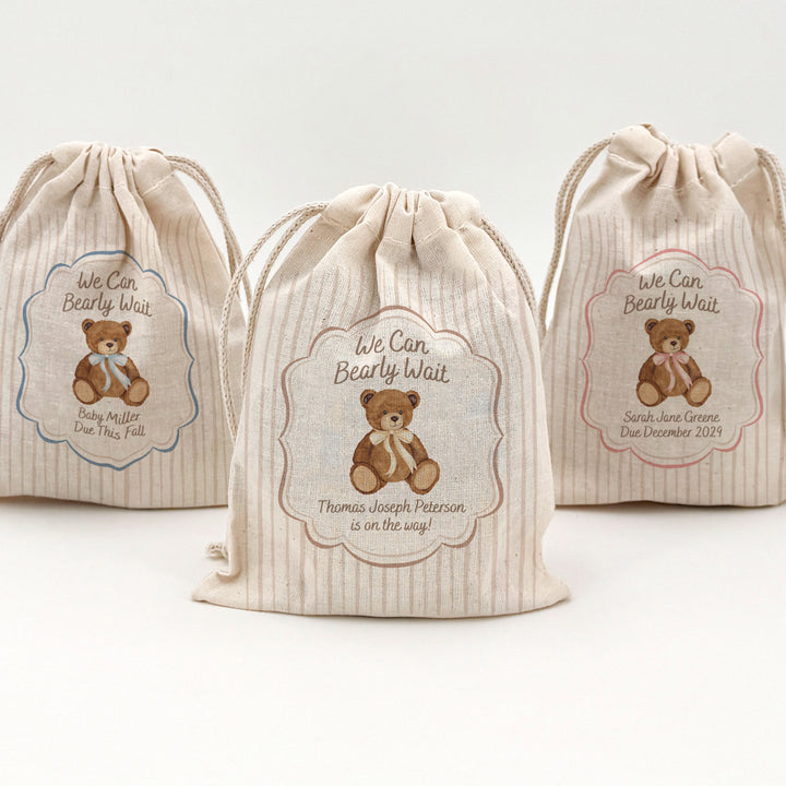 We Can Bearly Wait, Watercolor Bear, Baby Shower Drawstring Bags