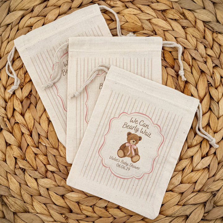 We Can Bearly Wait, Watercolor Bear, Baby Shower Drawstring Bags