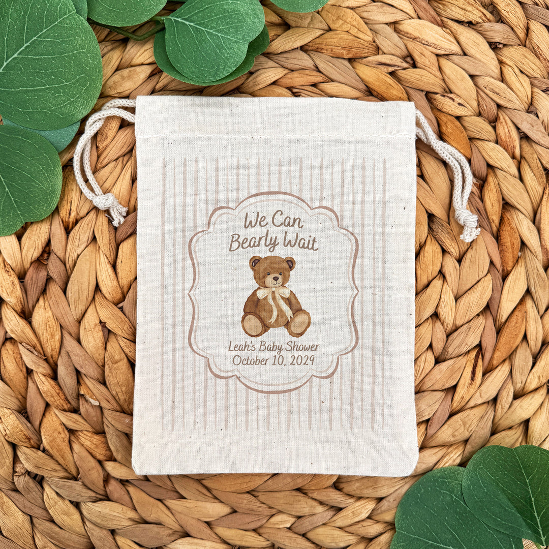 We Can Bearly Wait, Watercolor Bear, Baby Shower Drawstring Bags