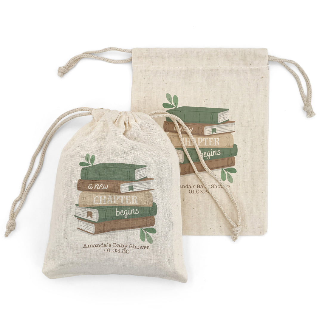 A New Chapter Begins Custom Mini Drawstring Tote Bags, Book Themed Baby Shower, Baby Shower Favors