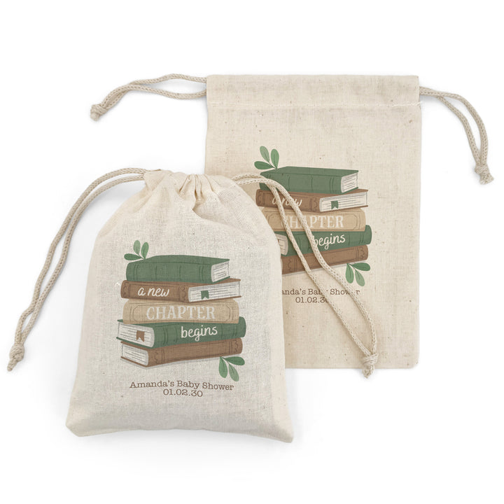 A New Chapter Begins Custom Mini Drawstring Tote Bags, Book Themed Baby Shower, Baby Shower Favors