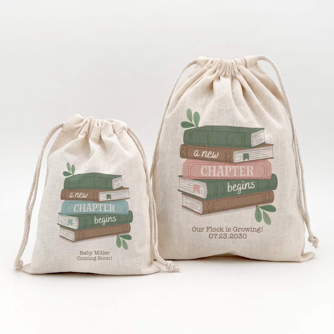 A New Chapter Begins Custom Mini Drawstring Tote Bags, Book Themed Baby Shower, Baby Shower Favors