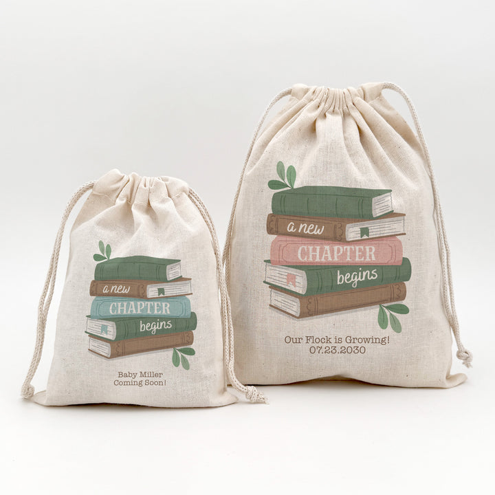 A New Chapter Begins Custom Mini Drawstring Tote Bags, Book Themed Baby Shower, Baby Shower Favors