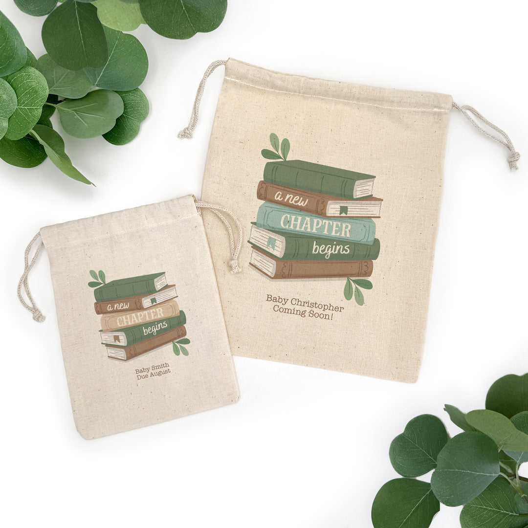 A New Chapter Begins Custom Mini Drawstring Tote Bags, Book Themed Baby Shower, Baby Shower Favors