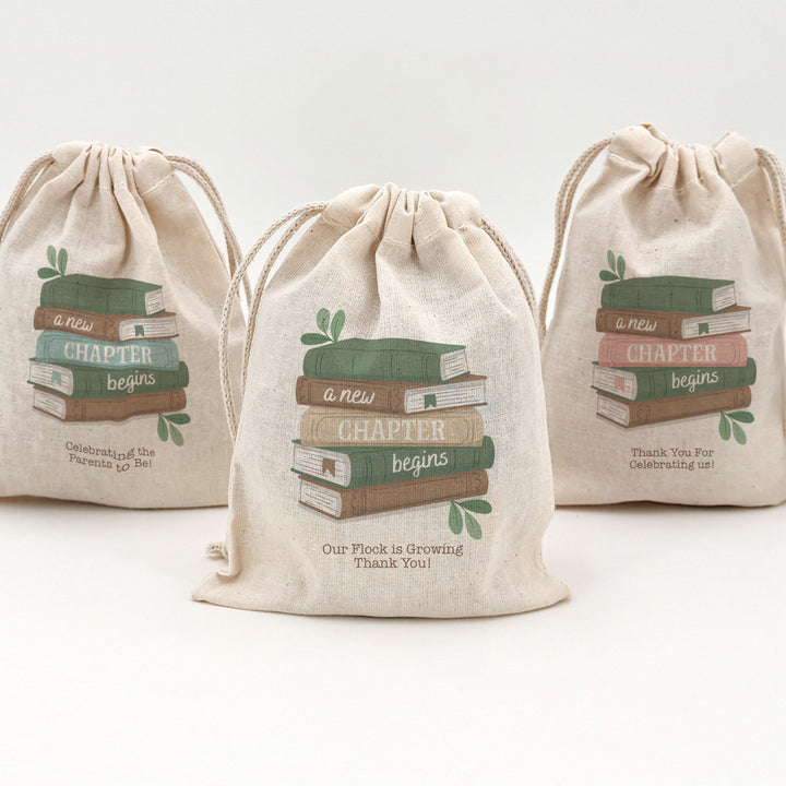A New Chapter Begins Custom Mini Drawstring Tote Bags, Book Themed Baby Shower, Baby Shower Favors