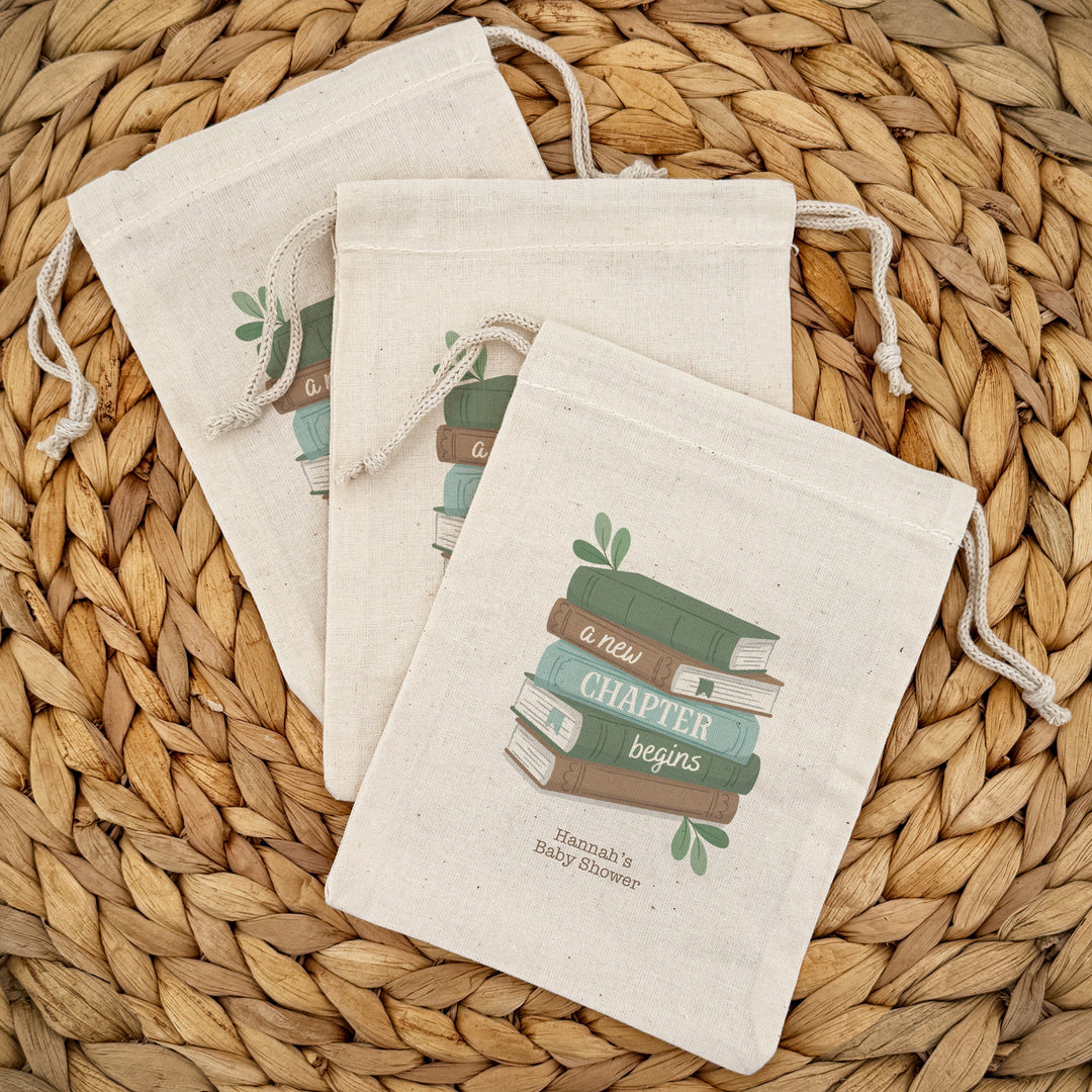 A New Chapter Begins Custom Mini Drawstring Tote Bags, Book Themed Baby Shower, Baby Shower Favors