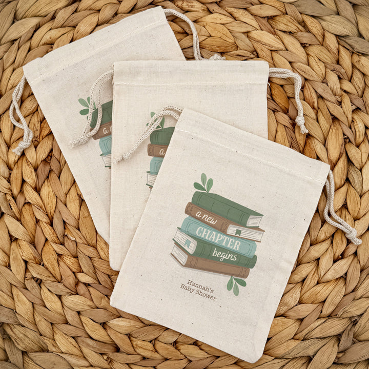 A New Chapter Begins Custom Mini Drawstring Tote Bags, Book Themed Baby Shower, Baby Shower Favors