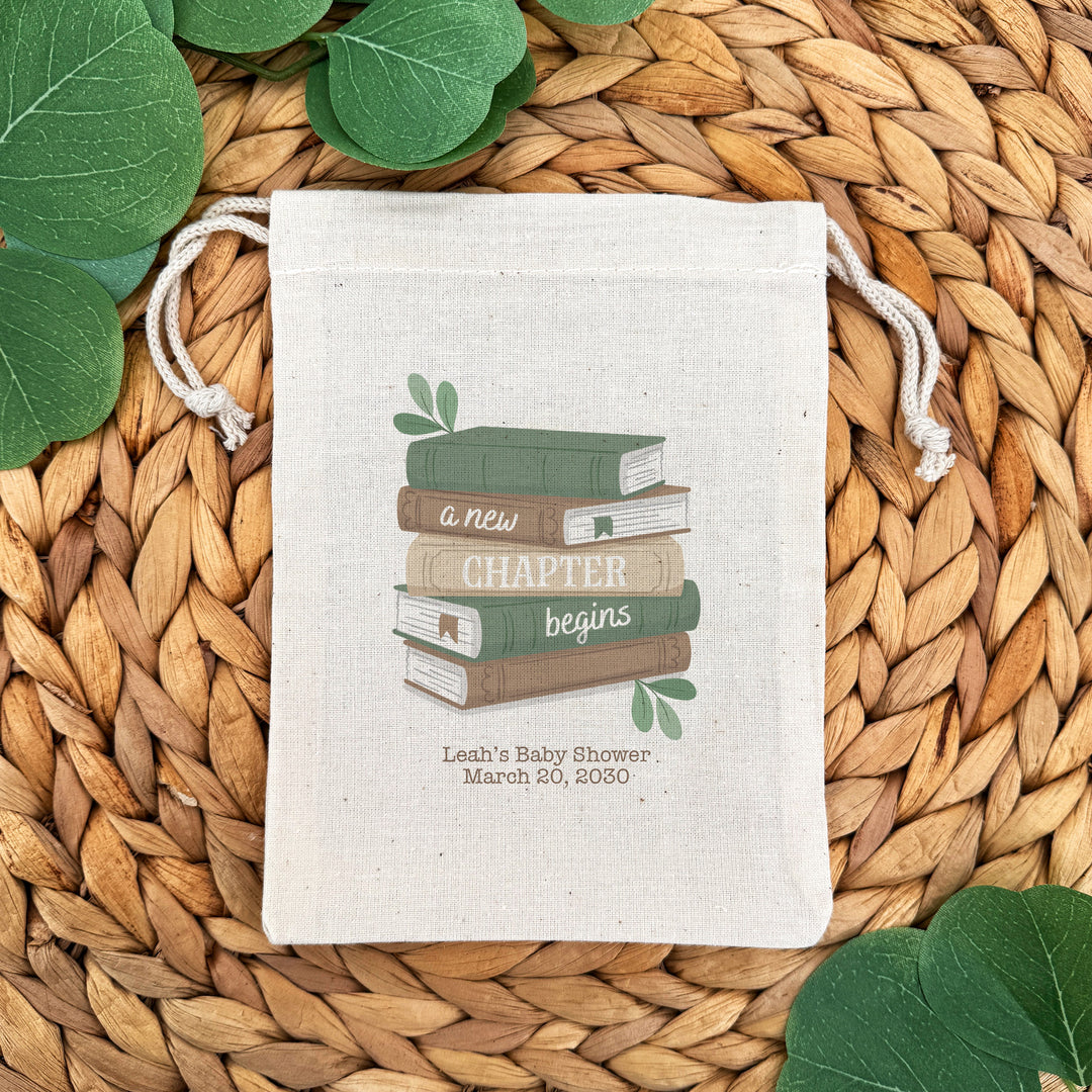 A New Chapter Begins Custom Mini Drawstring Tote Bags, Book Themed Baby Shower, Baby Shower Favors