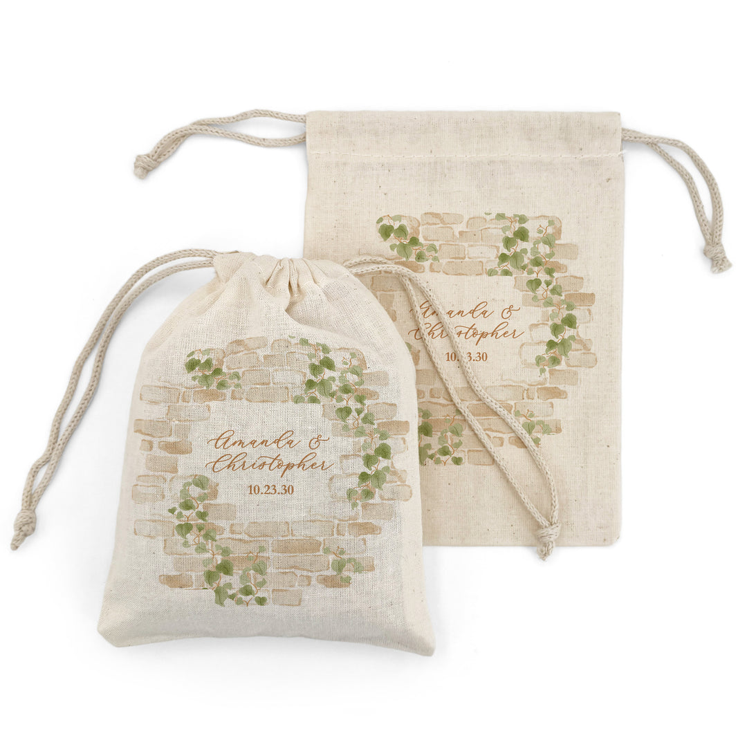 Wedding Favor Bags, Custom Mini Drawstring Tote Bag, Welcome Bags for Guests, Cottage Wedding, Stone Wall with Vines