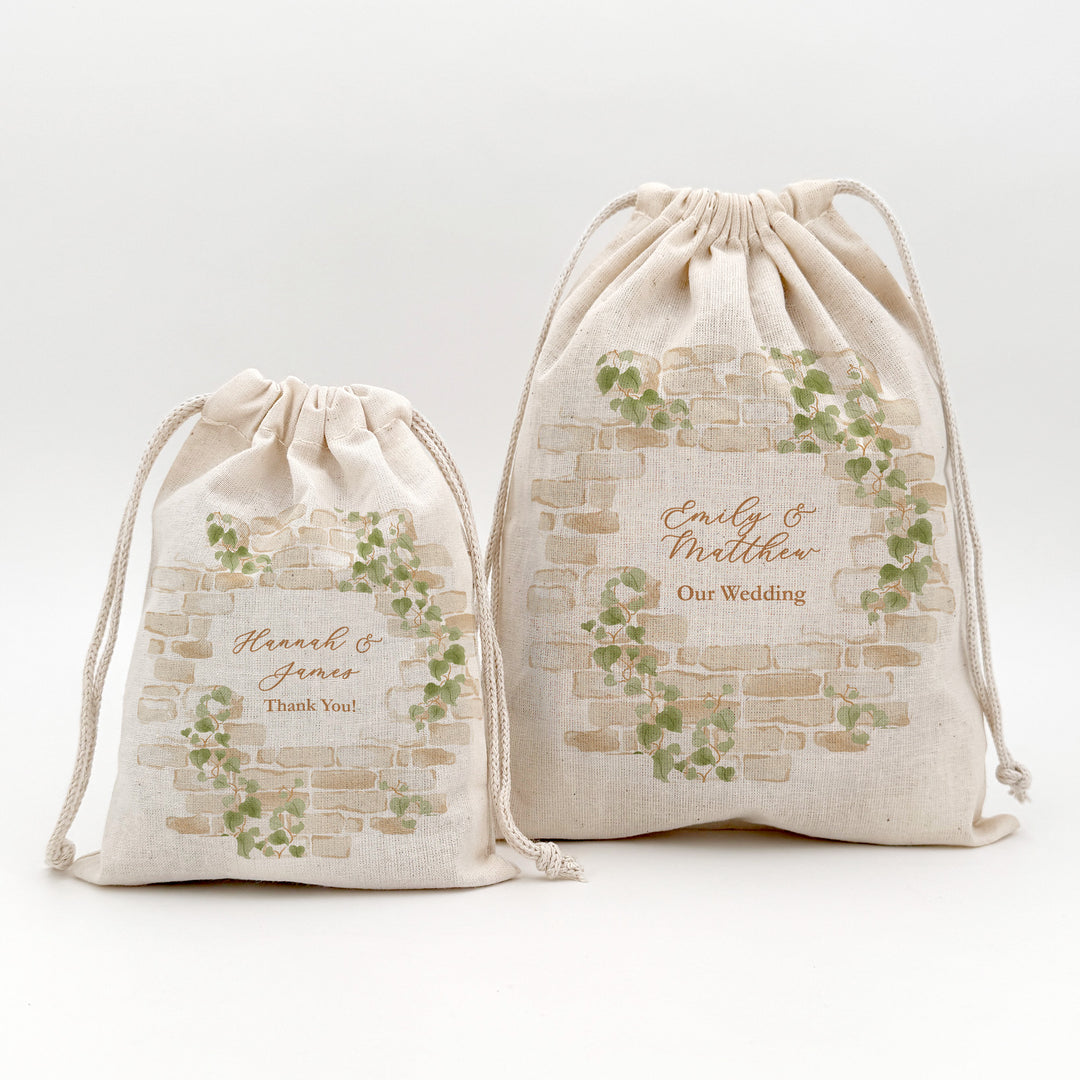 Wedding Favor Bags, Custom Mini Drawstring Tote Bag, Welcome Bags for Guests, Cottage Wedding, Stone Wall with Vines