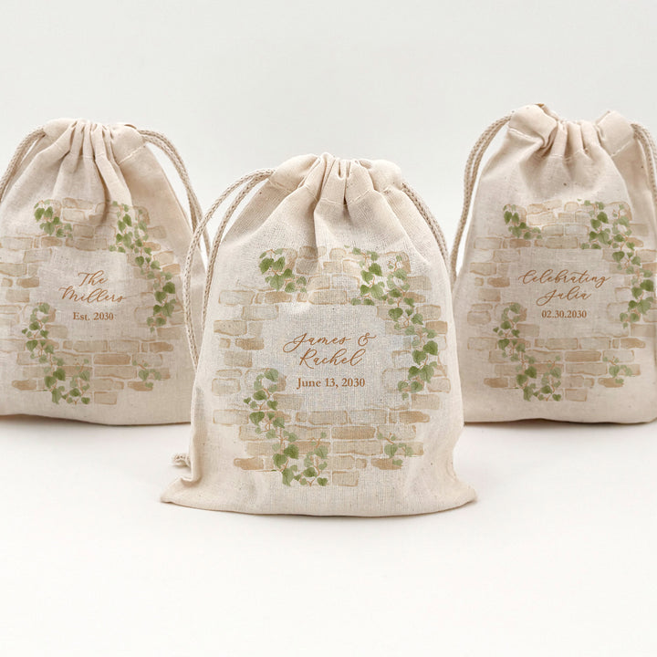 Wedding Favor Bags, Custom Mini Drawstring Tote Bag, Welcome Bags for Guests, Cottage Wedding, Stone Wall with Vines