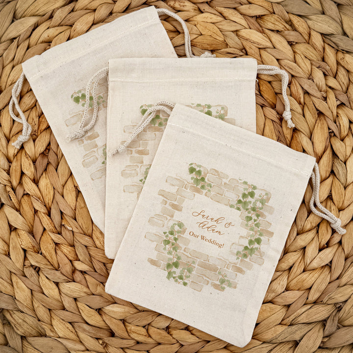 Wedding Favor Bags, Custom Mini Drawstring Tote Bag, Welcome Bags for Guests, Cottage Wedding, Stone Wall with Vines