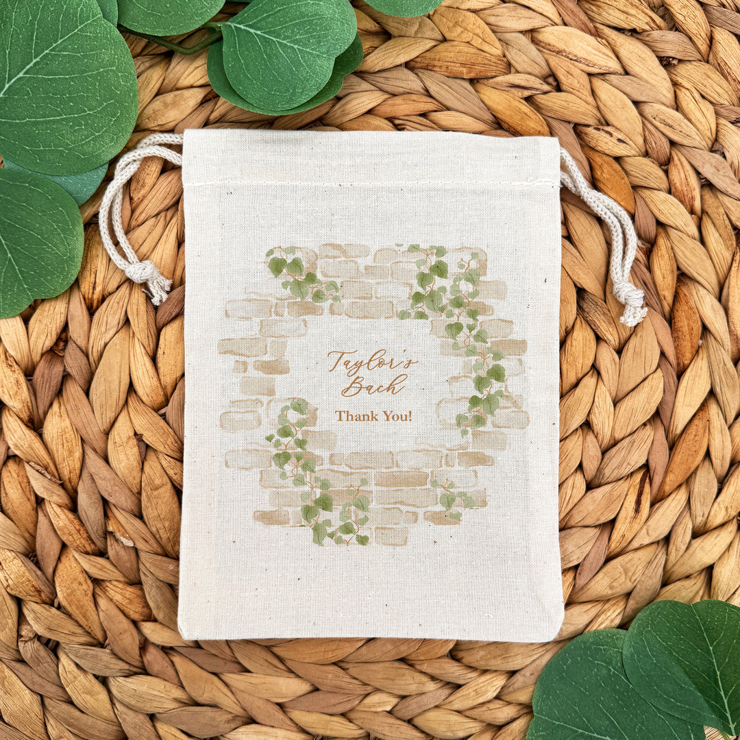 Wedding Favor Bags, Custom Mini Drawstring Tote Bag, Welcome Bags for Guests, Cottage Wedding, Stone Wall with Vines