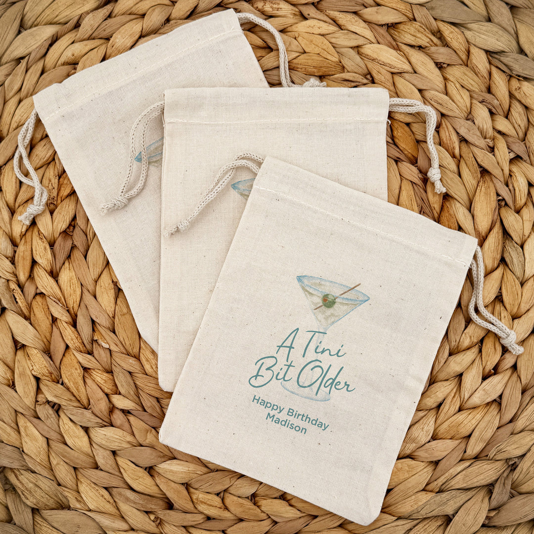 Custom Drawstring Bags, Martini Birthday, Wedding Hangover Kit, A Tini Bit Older Birthday Bags