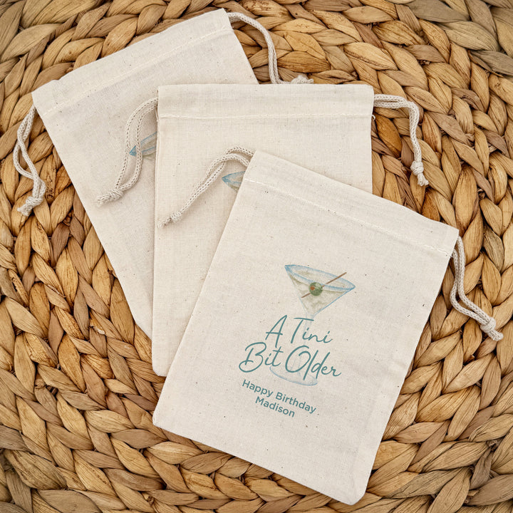 Custom Drawstring Bags, Martini Birthday, Wedding Hangover Kit, A Tini Bit Older Birthday Bags