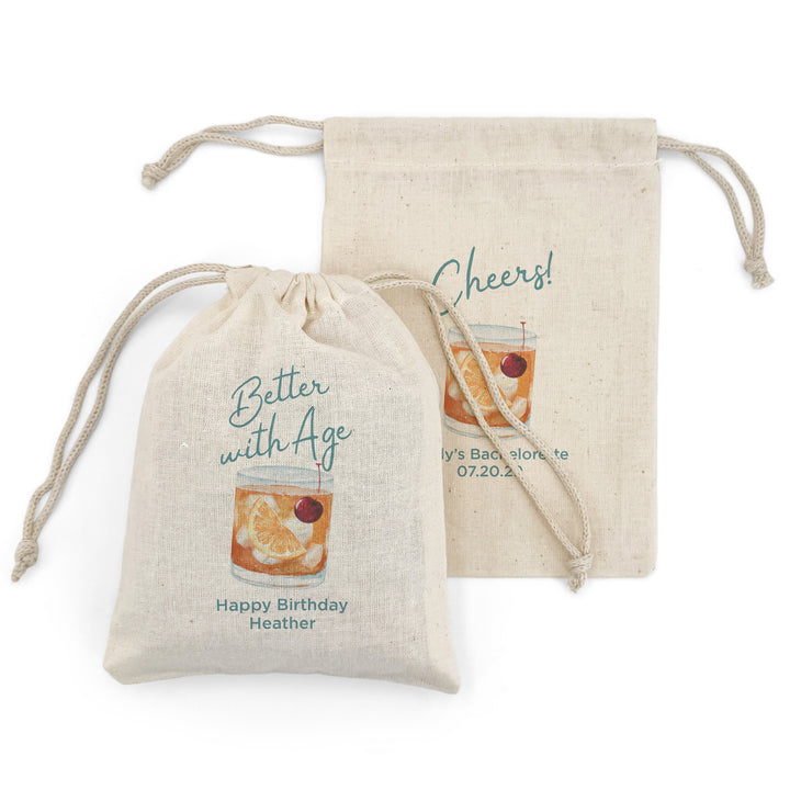 Custom Drawstring Bags, Old Fashioned Birthday, Vintage, Better with Age, Oldie but a Goodie, Old Fashioned Cocktail Bags