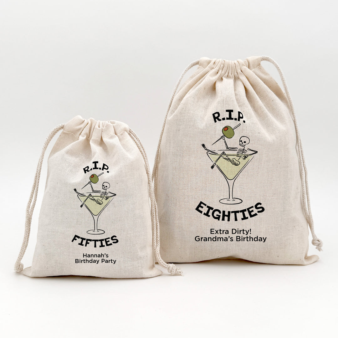 Martini Birthday Party Favor Bags, Custom Mini Drawstring Tote Bag, Birthday Favors, RIP Twenties, A Tini Bit Older, Martini Theme Party, Martini Skeleton Bags