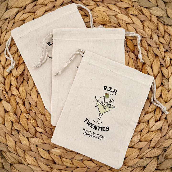 Martini Birthday Party Favor Bags, Custom Mini Drawstring Tote Bag, Birthday Favors, RIP Twenties, A Tini Bit Older, Martini Theme Party, Martini Skeleton Bags