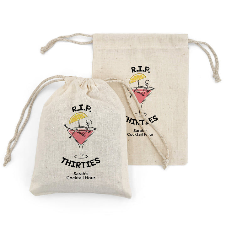Cosmo Birthday Party Favor Bags, Custom Mini Drawstring Tote Bag, Birthday Favors, RIP Forties, Cosmopolitan Skeleton Bags
