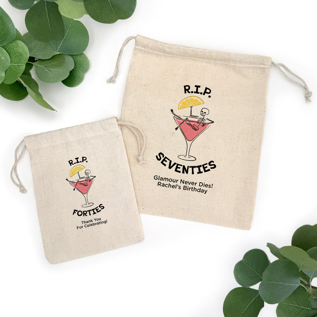 Cosmo Birthday Party Favor Bags, Custom Mini Drawstring Tote Bag, Birthday Favors, RIP Forties, Cosmopolitan Skeleton Bags