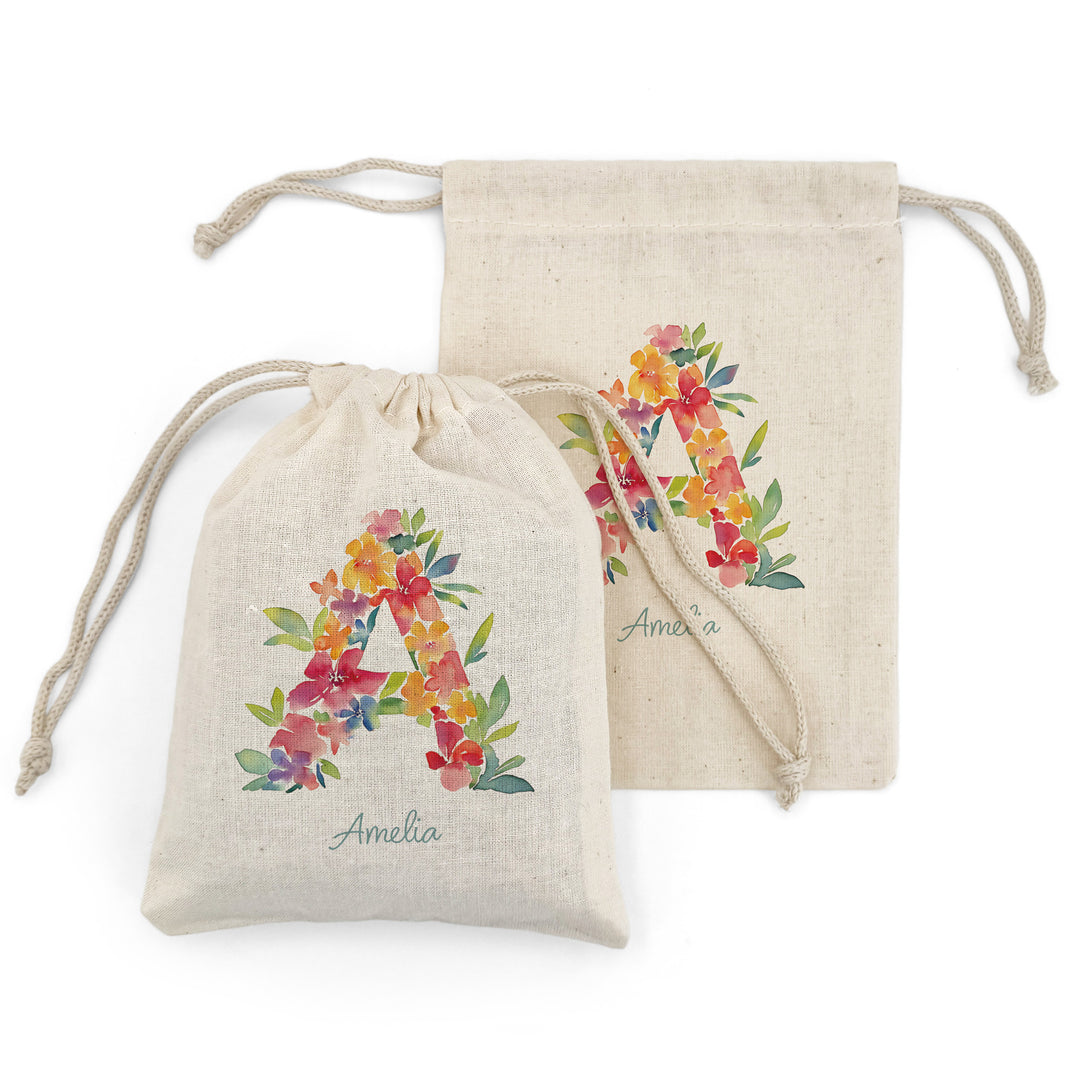 Tropical Flower Monogram, Birthday Goody Bag, Drawstring Bags