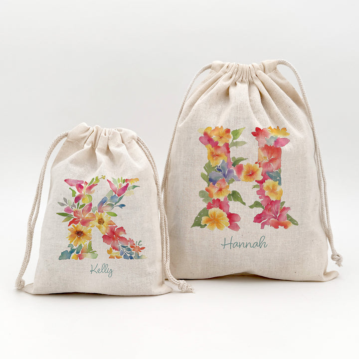 Tropical Flower Monogram, Birthday Goody Bag, Drawstring Bags