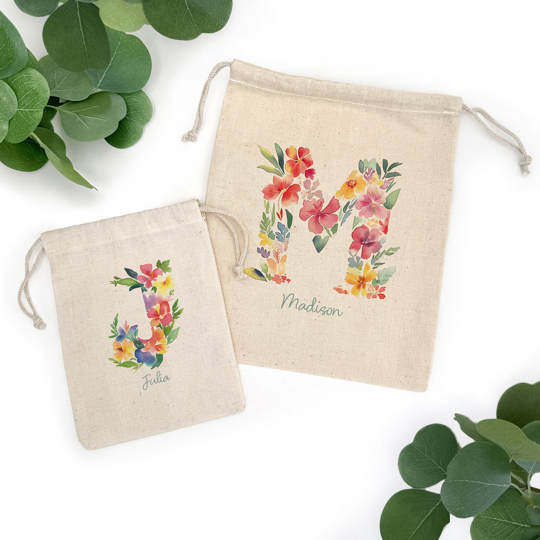 Tropical Flower Monogram, Birthday Goody Bag, Drawstring Bags