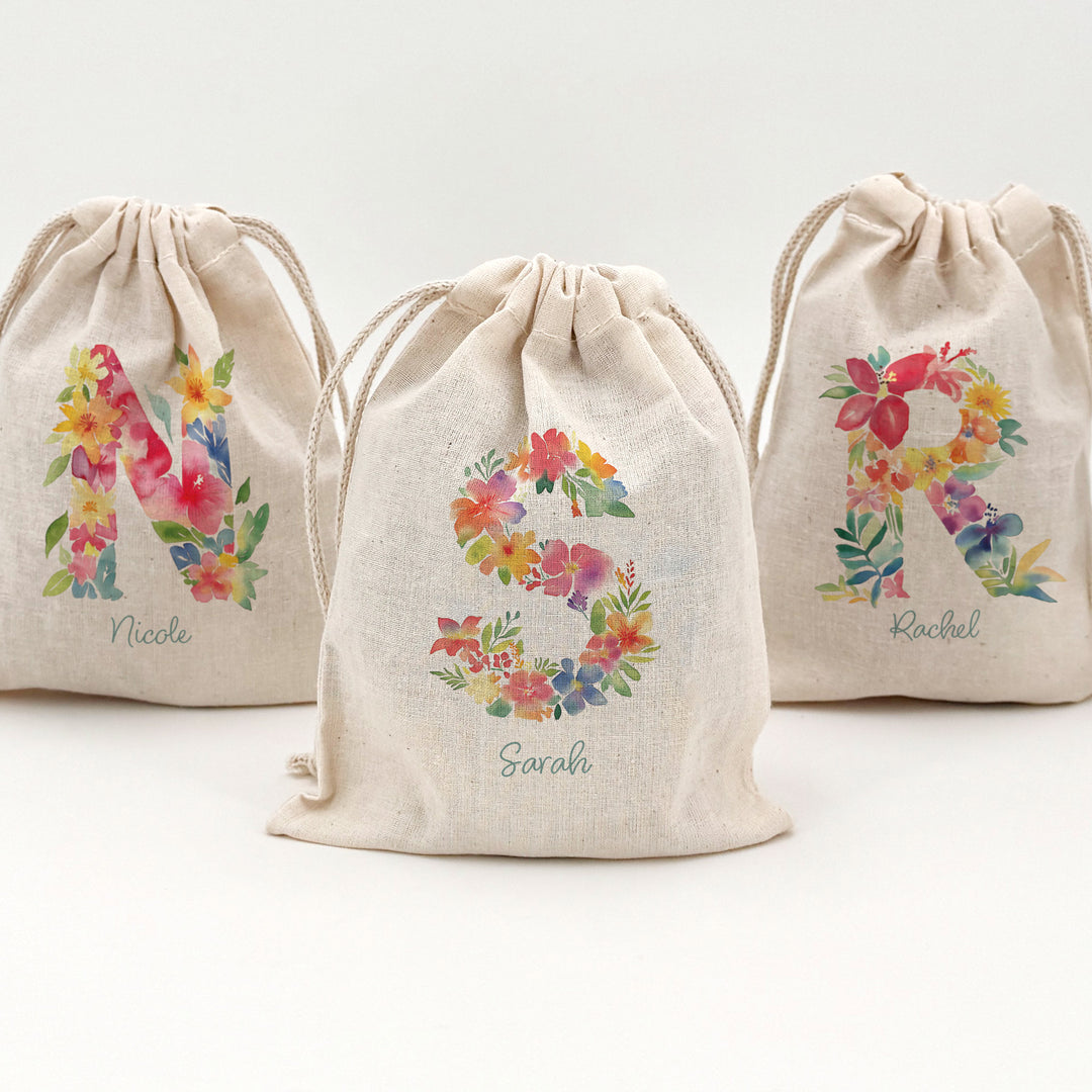 Tropical Flower Monogram, Birthday Goody Bag, Drawstring Bags