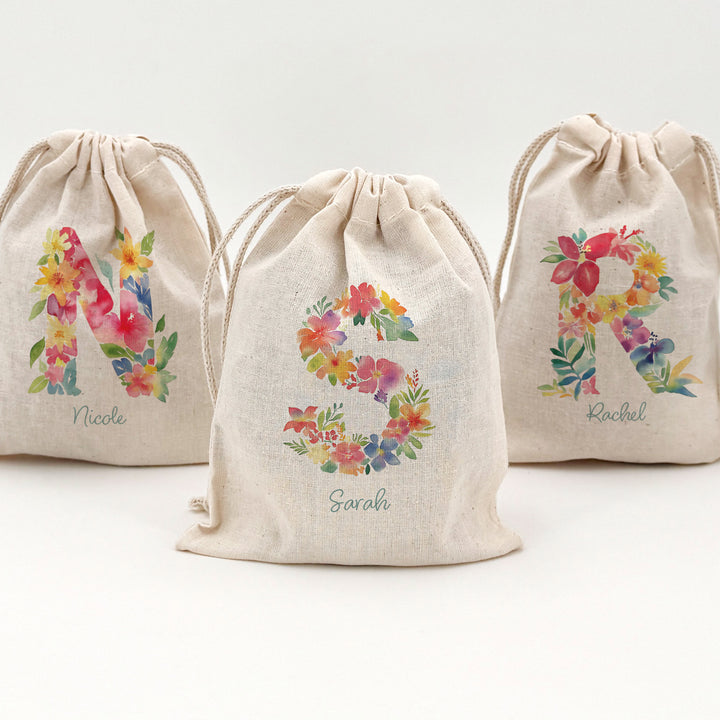 Tropical Flower Monogram, Birthday Goody Bag, Drawstring Bags