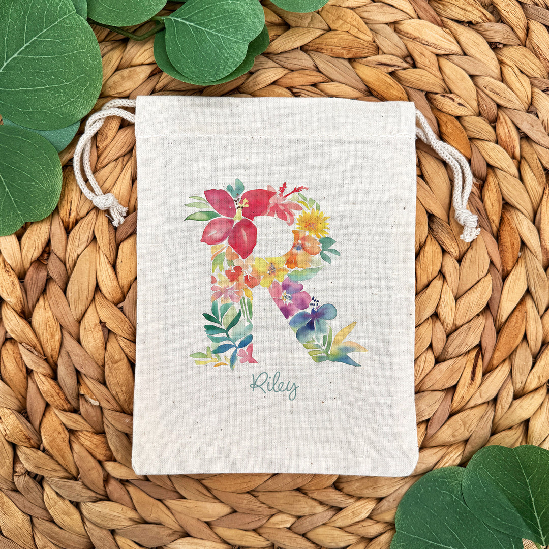Tropical Flower Monogram, Birthday Goody Bag, Drawstring Bags