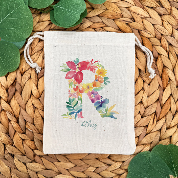 Tropical Flower Monogram, Birthday Goody Bag, Drawstring Bags