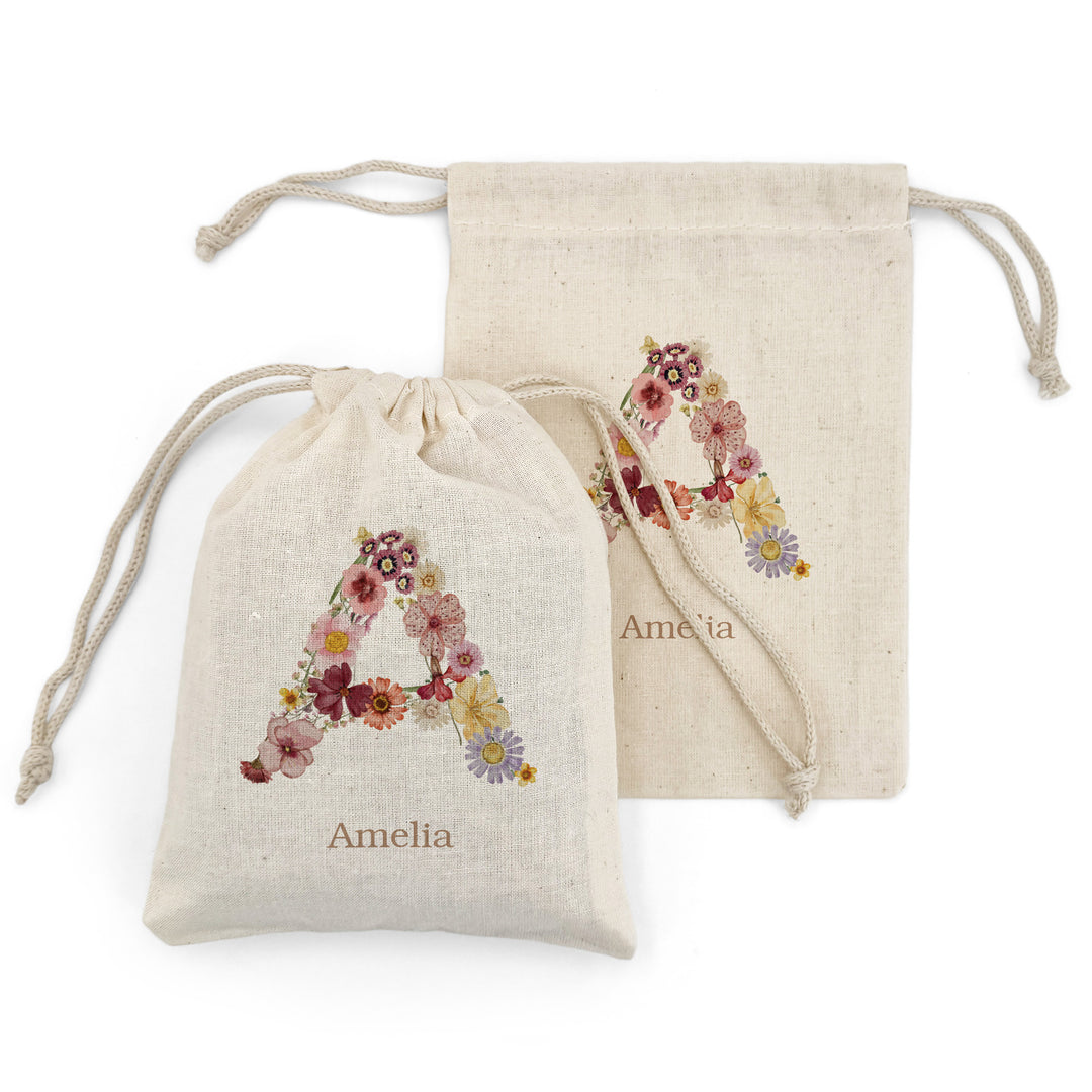 Pressed Flower Monogram, Birthday Goody Bag, Drawstring Bags