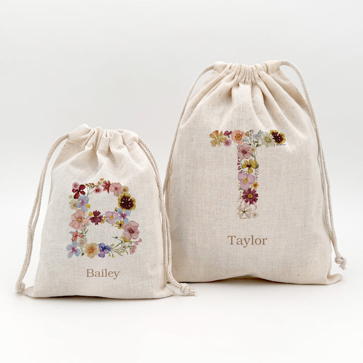 Pressed Flower Monogram, Birthday Goody Bag, Drawstring Bags