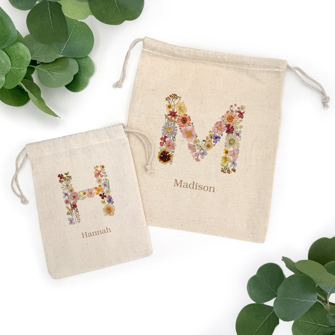 Pressed Flower Monogram, Birthday Goody Bag, Drawstring Bags