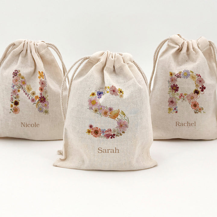 Pressed Flower Monogram, Birthday Goody Bag, Drawstring Bags