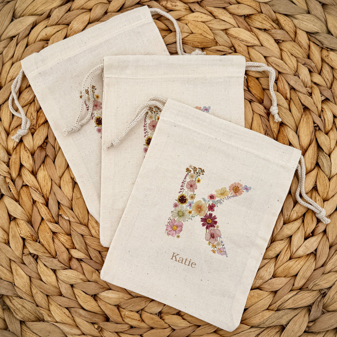 Pressed Flower Monogram, Birthday Goody Bag, Drawstring Bags