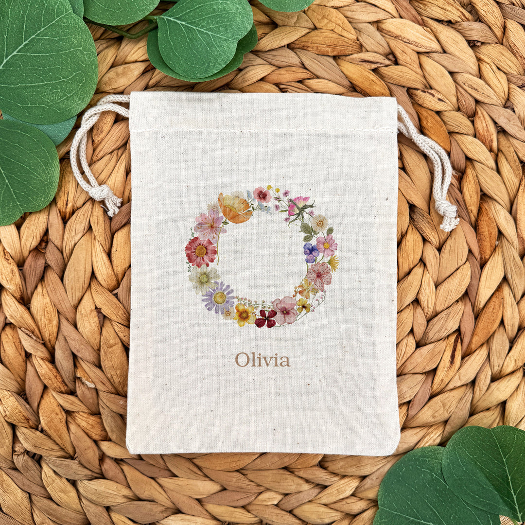 Pressed Flower Monogram, Birthday Goody Bag, Drawstring Bags