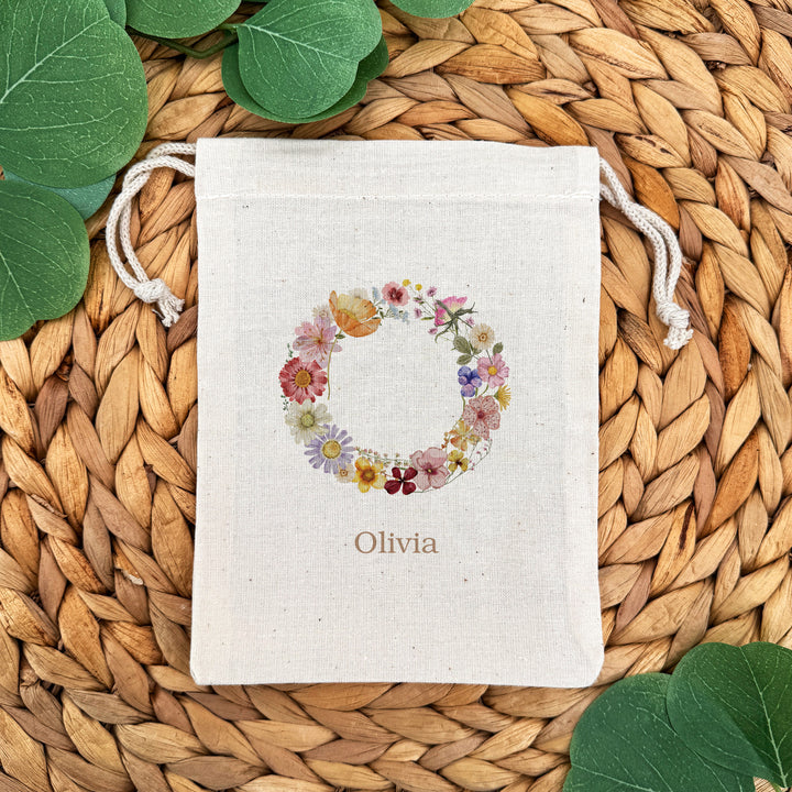 Pressed Flower Monogram, Birthday Goody Bag, Drawstring Bags