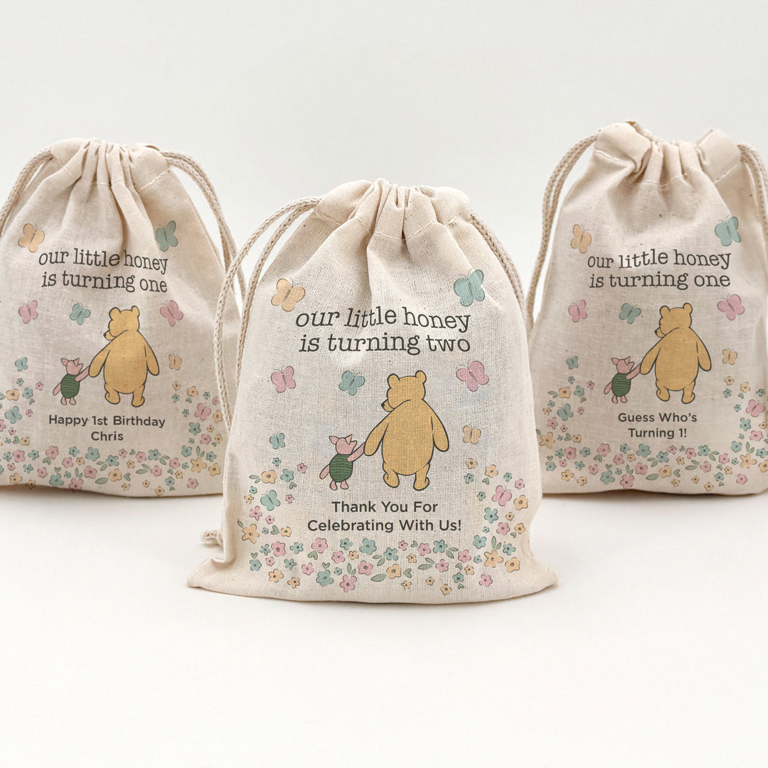 Custom Drawstring Bags, Birthday Goody Bags, Winnie the Pooh Birthday Party Favors, Pooh and Piglet Bags