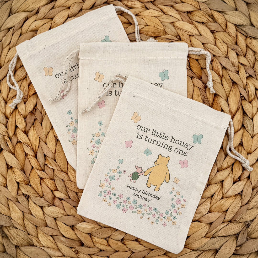 Custom Drawstring Bags, Birthday Goody Bags, Winnie the Pooh Birthday Party Favors, Pooh and Piglet Bags