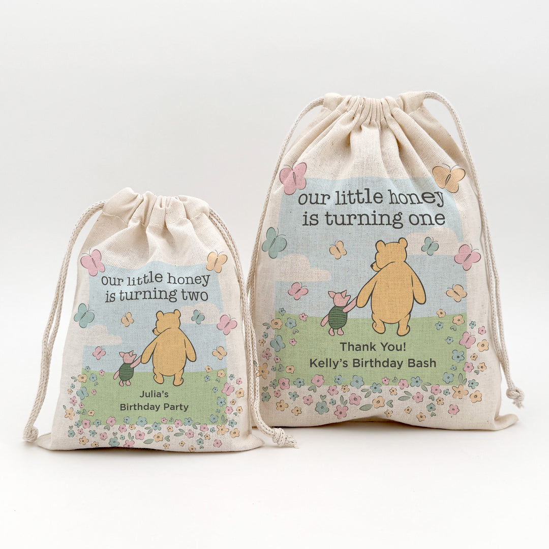 Custom Drawstring Bags, Birthday Goody Bags, Winnie the Pooh Birthday Party Favors, Pooh and Piglet Blue Skies Bags
