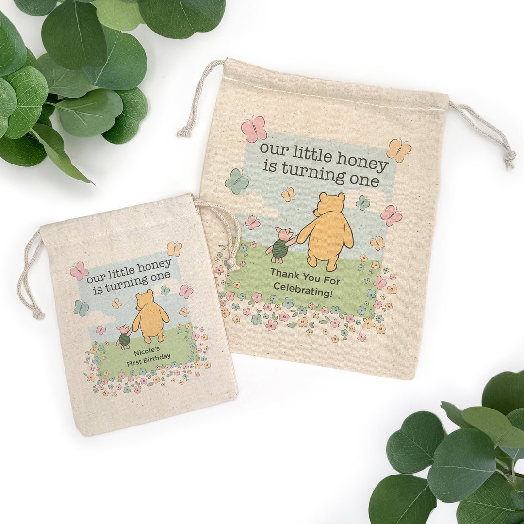 Custom Drawstring Bags, Birthday Goody Bags, Winnie the Pooh Birthday Party Favors, Pooh and Piglet Blue Skies Bags