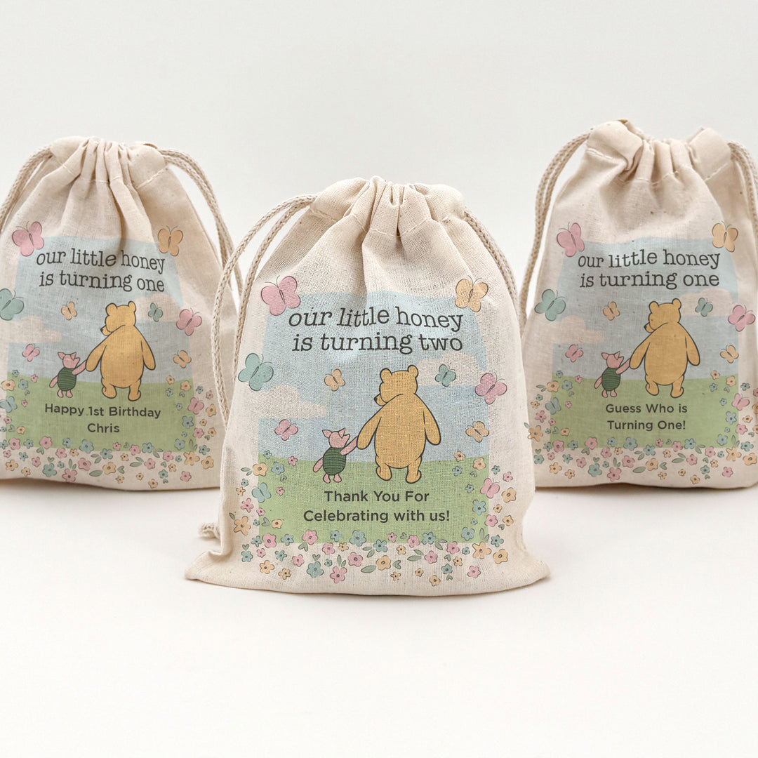 Custom Drawstring Bags, Birthday Goody Bags, Winnie the Pooh Birthday Party Favors, Pooh and Piglet Blue Skies Bags