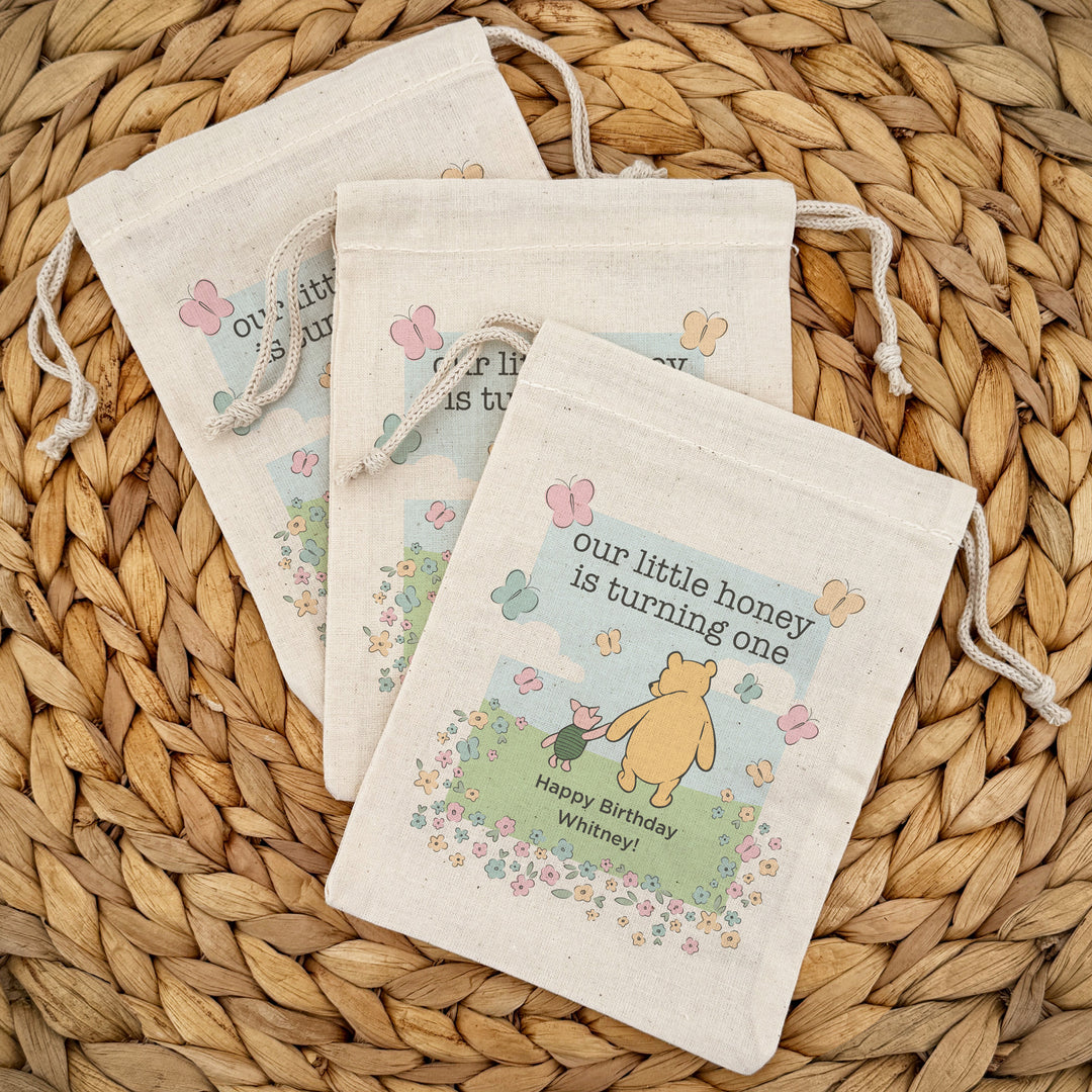Custom Drawstring Bags, Birthday Goody Bags, Winnie the Pooh Birthday Party Favors, Pooh and Piglet Blue Skies Bags