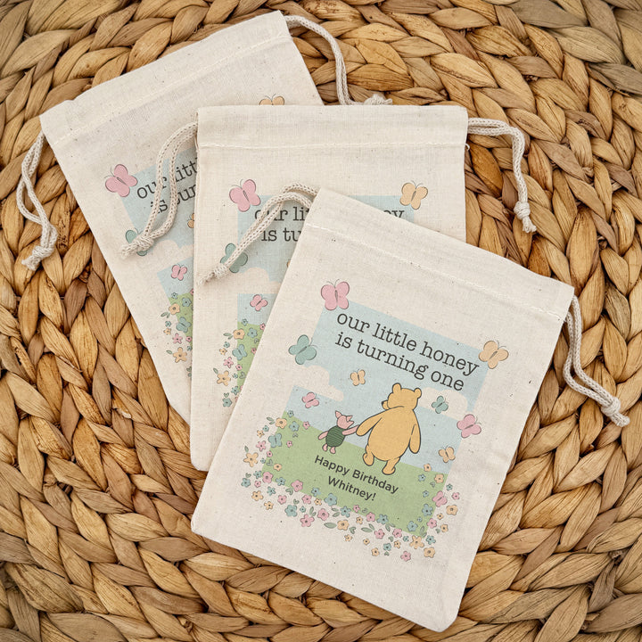 Custom Drawstring Bags, Birthday Goody Bags, Winnie the Pooh Birthday Party Favors, Pooh and Piglet Blue Skies Bags