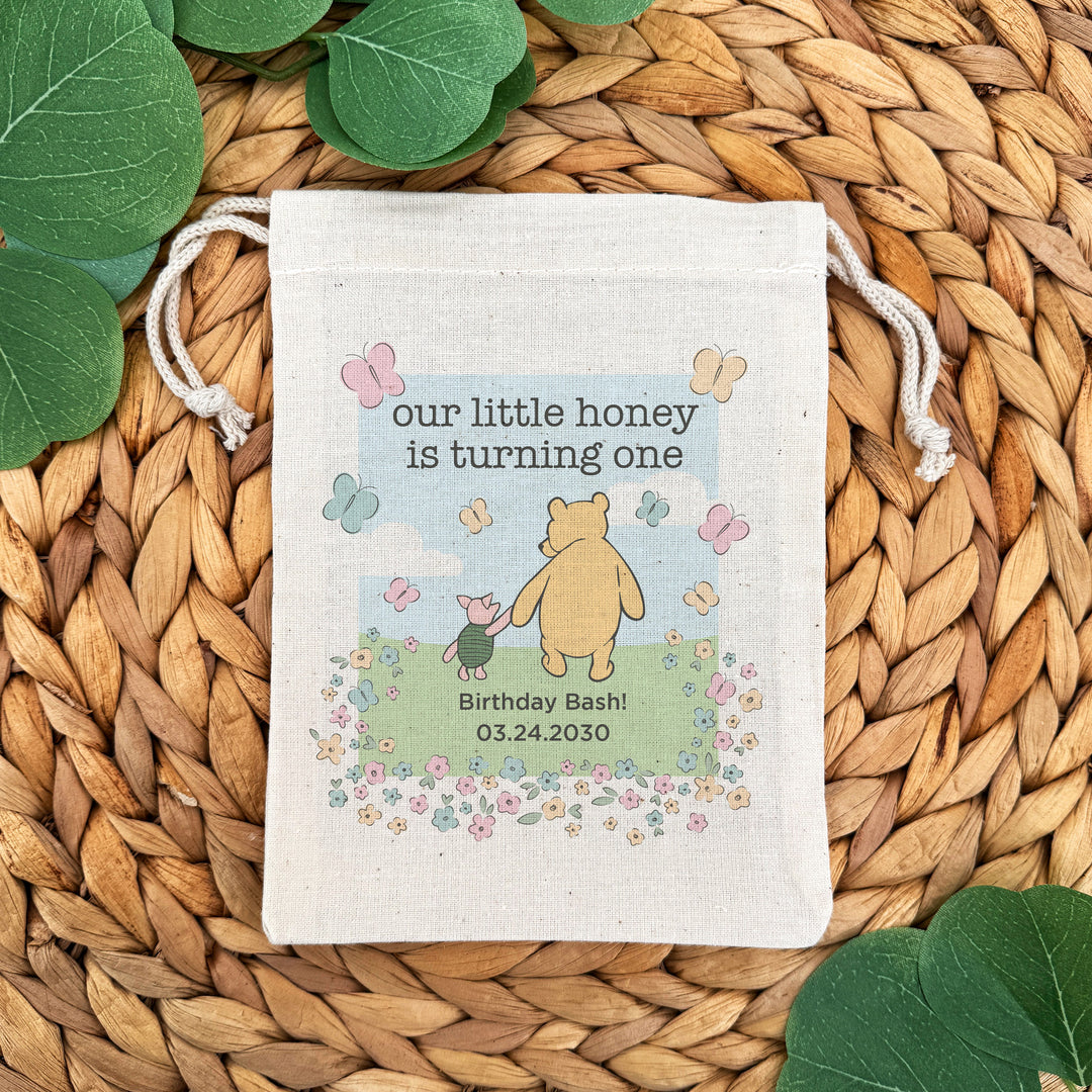 Custom Drawstring Bags, Birthday Goody Bags, Winnie the Pooh Birthday Party Favors, Pooh and Piglet Blue Skies Bags