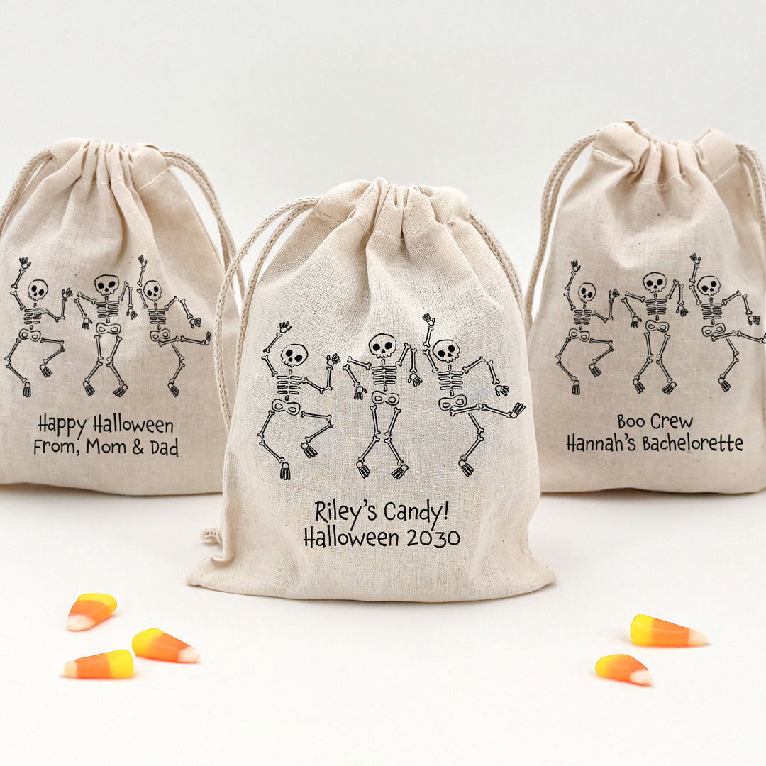 Custom Drawstring Bags, Halloween Gift Bags, Custom Goodie Bags, Dancing Skeletons