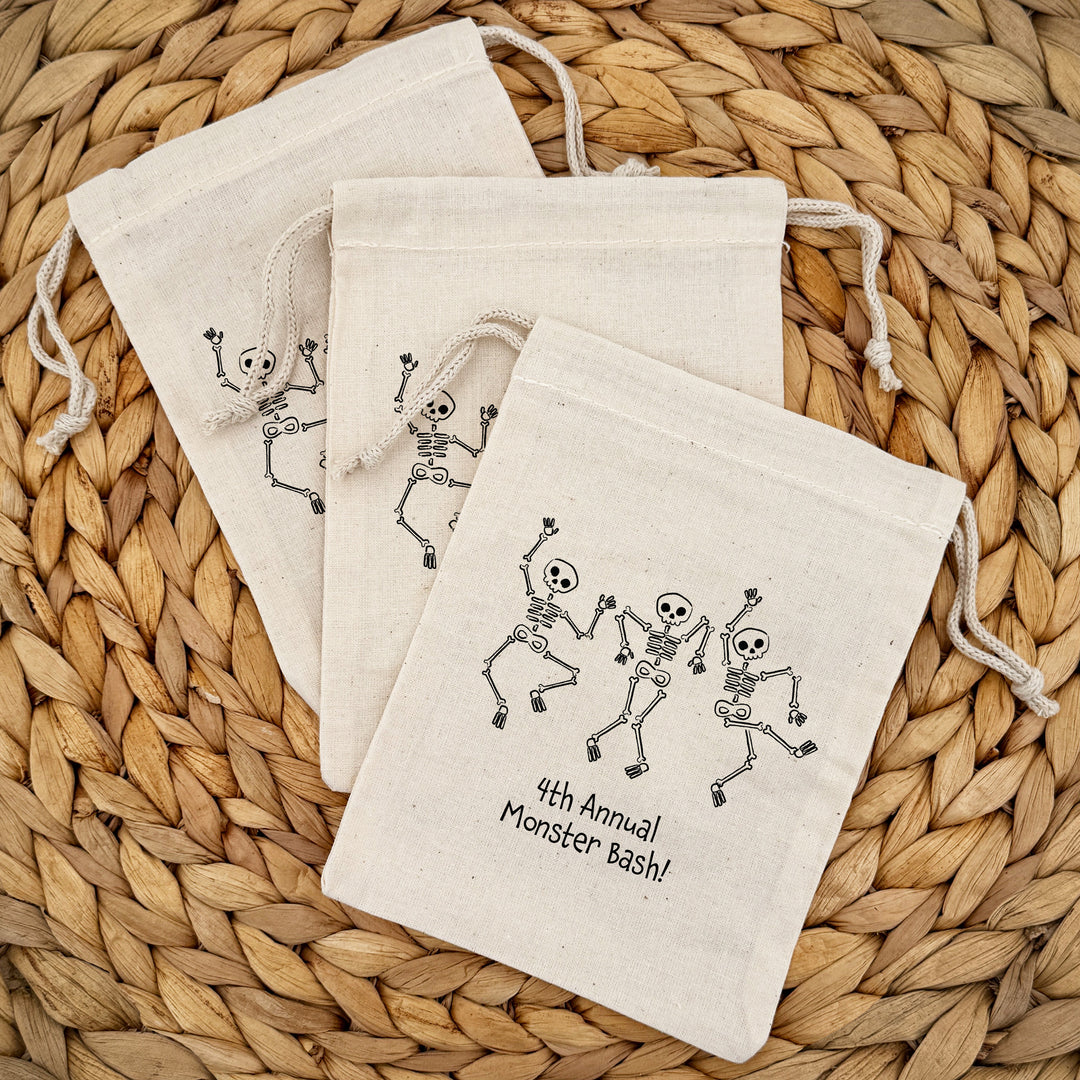 Custom Drawstring Bags, Halloween Gift Bags, Custom Goodie Bags, Dancing Skeletons